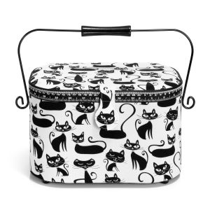Kazeta / košík na šití, čalouněný, L CATS, černé kočky, 30 x 20 x 19cm