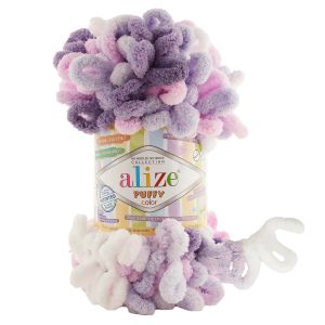 Příze s oky Alize PUFFY COLOR pro ruční pletení bez jehlic, 6305 fialovo-bílo-růžový melír, efektní, 100g/9m