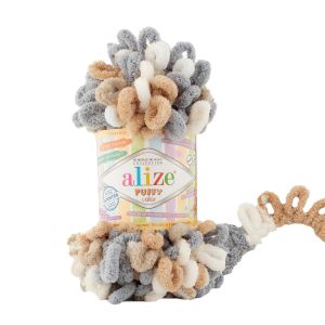 Příze s oky Alize PUFFY COLOR pro ruční pletení bez jehlic, 6395 béžovo-šedo-smetanový melír, efektní, 100g/9m