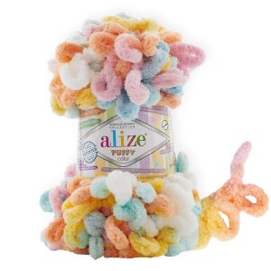 Příze s oky Alize PUFFY COLOR pro ruční pletení bez jehlic, 6521 vícebarevný melír, efektní, 100g/9m