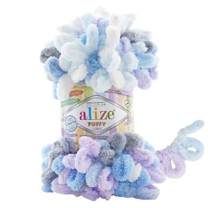 Příze s oky Alize PUFFY COLOR pro ruční pletení bez jehlic, 6524 modro-fialový melír, efektní, 100g/9m