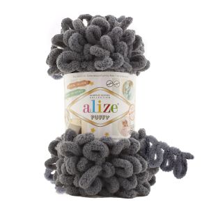 Příze s oky Alize PUFFY pro ruční pletení bez jehlic 53 tmavě šedá, efektní, 100g/9,2m