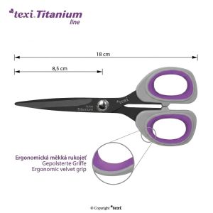Krejčovské nůžky TEXI TITANIUM Ti700, s ergonomickou rukojetí, délka ostří 8,5cm, celková délka 18 cm