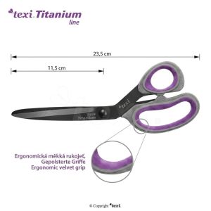 Krejčovské nůžky TEXI TITANIUM Ti914, s ergonomickou rukojetí, délka ostří 11,5cm, celková délka 23,5 cm